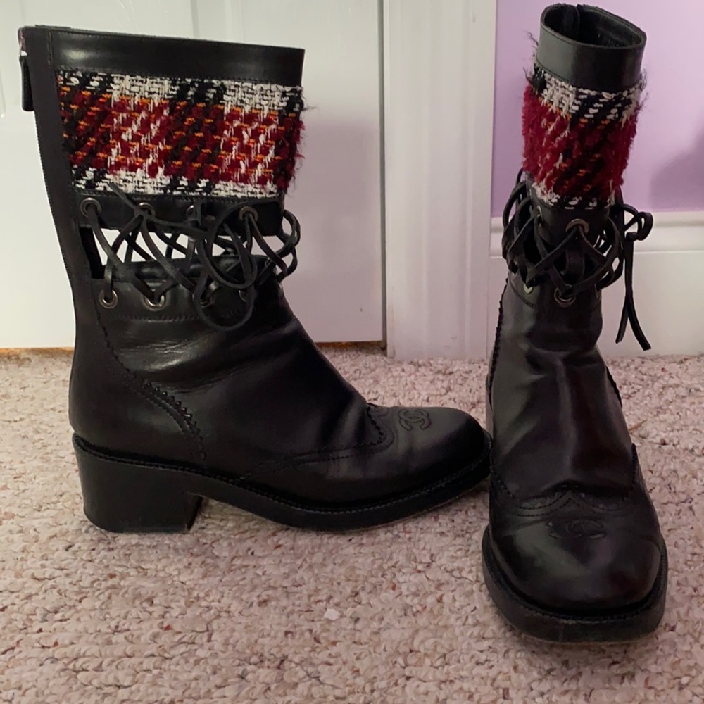 Chanel Tweed Calfskin Lace Up short boots